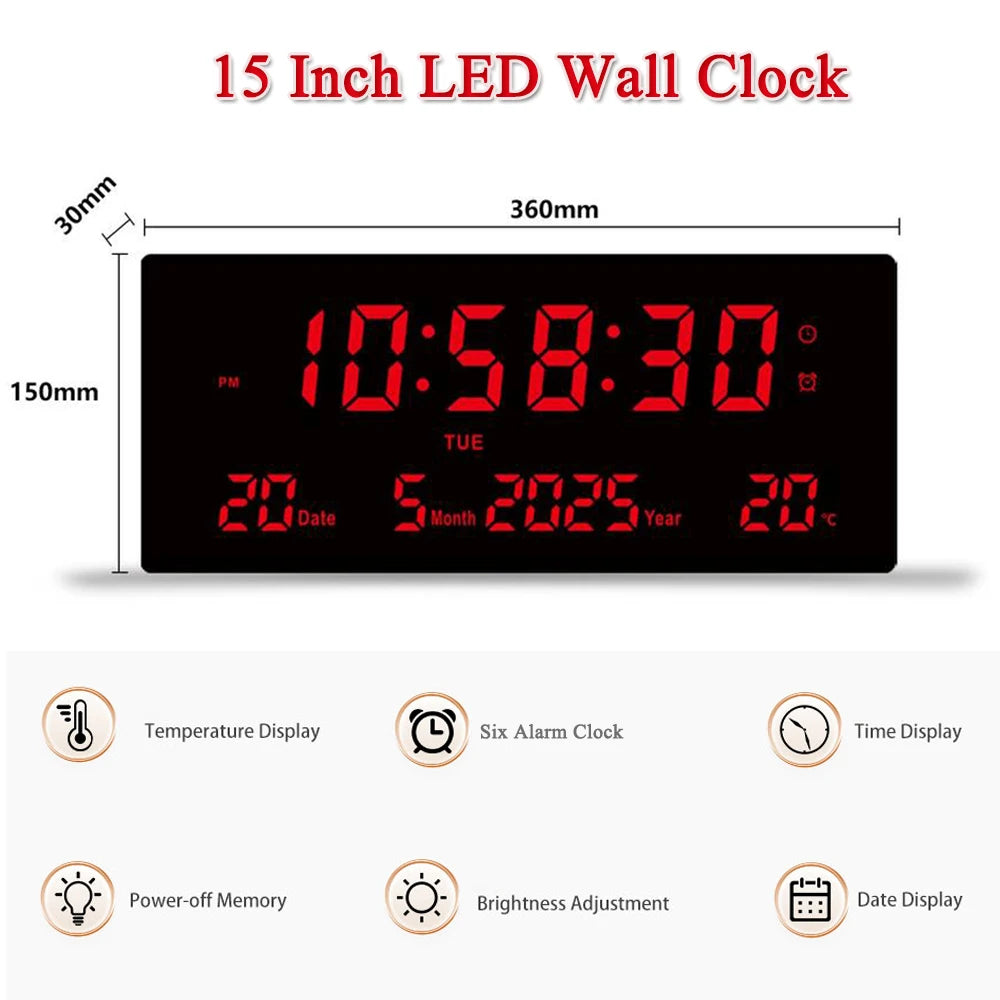 15 Inch Digital Wall Clock with Time, Date, Temperature, 3 Brightness Levels, 6 Alarms, Type-C Powered for Home Office