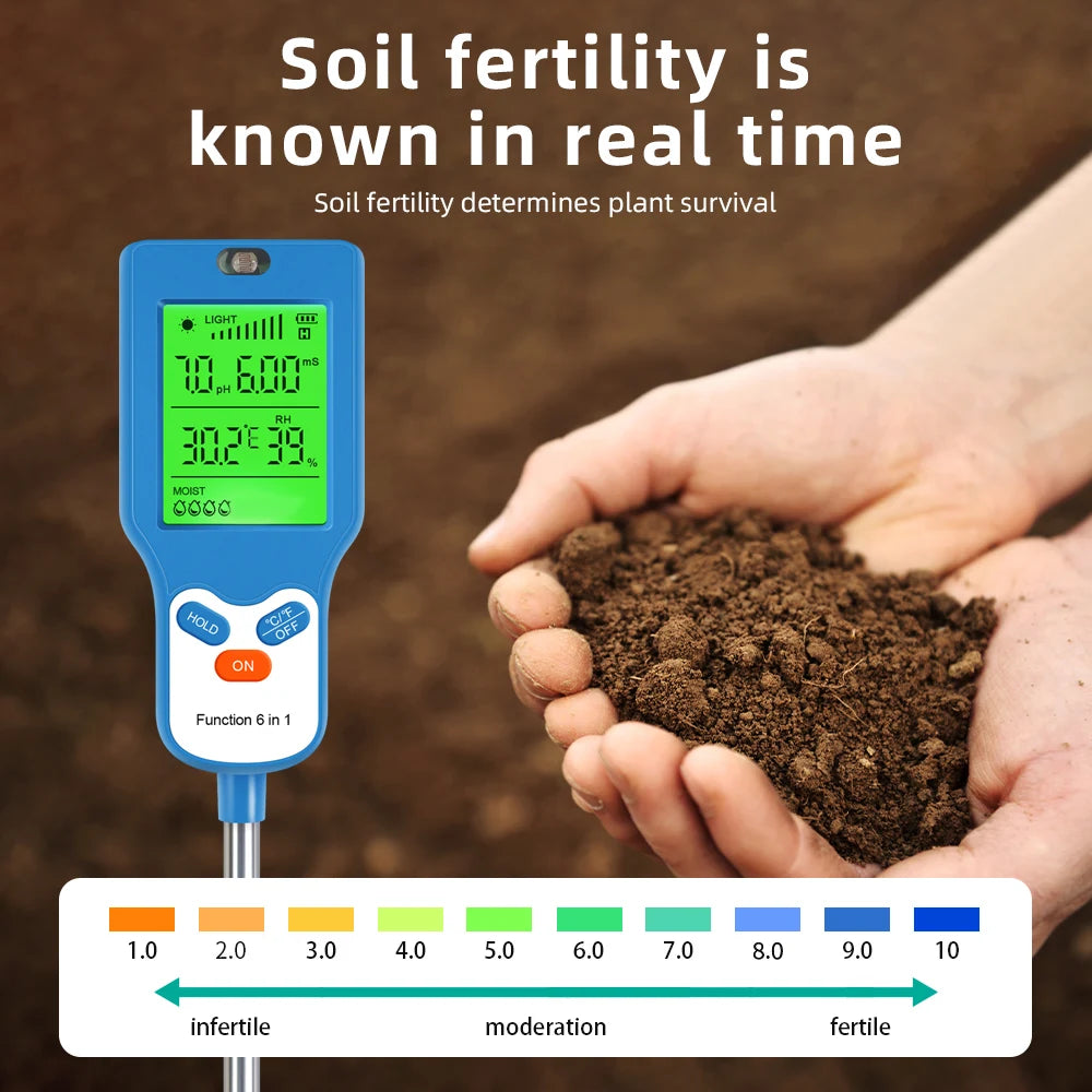 6-in-1 Soil Meter PH Moisture Temperature Light Humidity Fertility Tester LCD Rotate 90° for Garden Farm