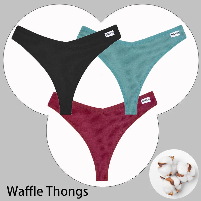 CowLost | activewear-pants-3pcs-cotton-waffle-women-s-sexy-thong-panties-set |51