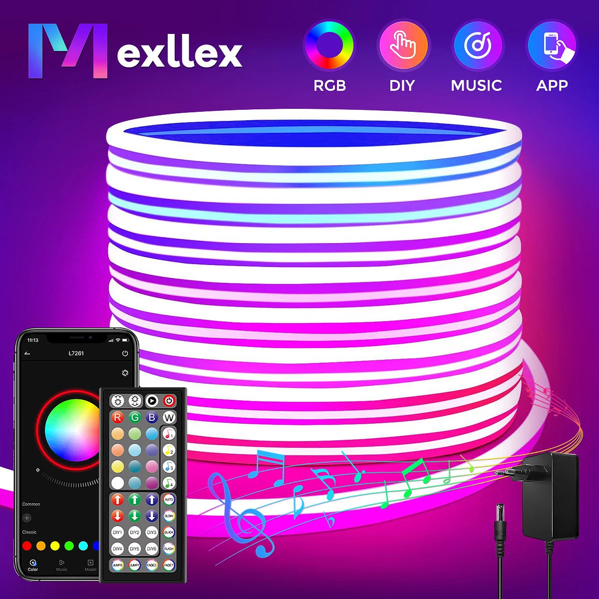 Mexllex 30M/20M RGB Neon Light Strip Waterproof with APP & Remote, Music Sync for Bedroom & Outdoors