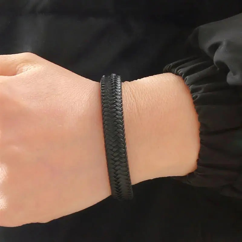 CowLost | badge-pass-holders-classic-mens-braided-leather-bracelet-with-magnetic-clasp |18