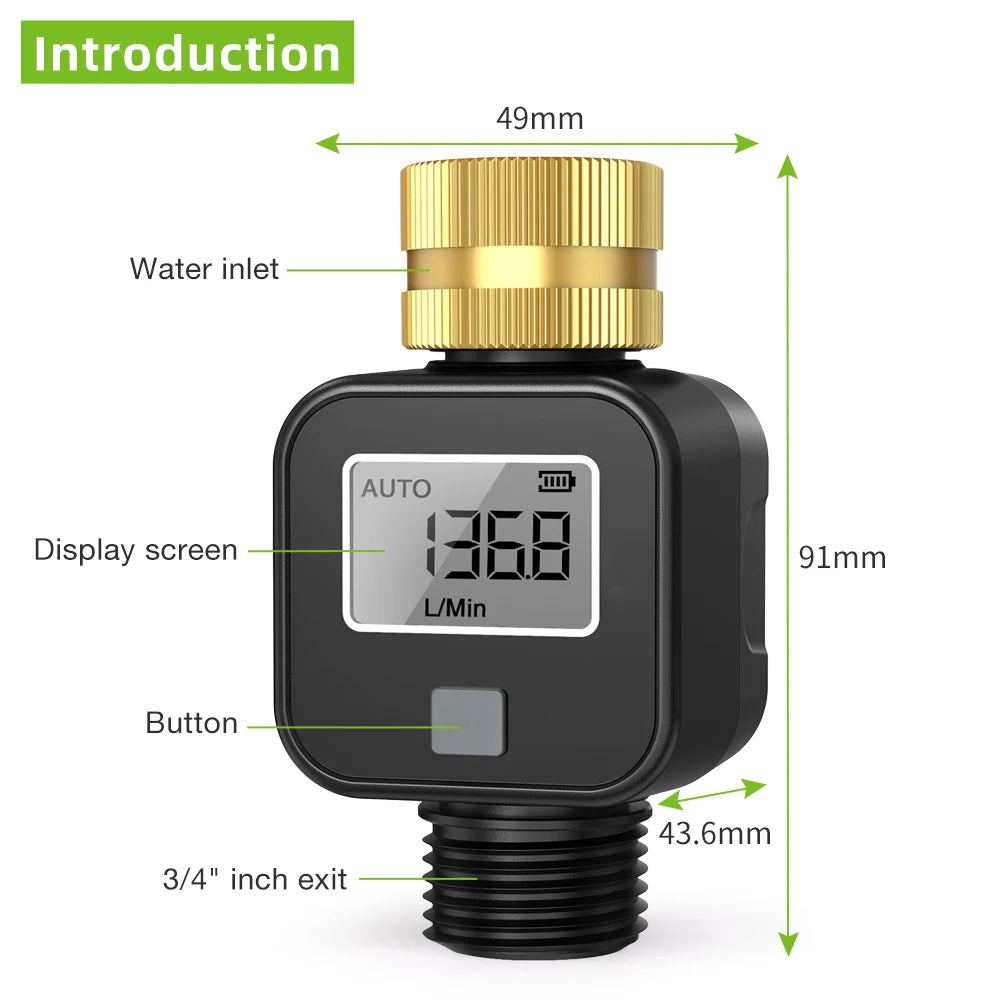 Waterproof 3/4" LCD Water Flow Meter for Irrigation Faucet Hose Sprinkler Outdoor Use