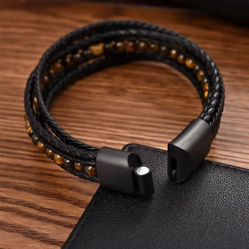 CowLost | badge-pass-holders-mens-natural-stone-beads-multilayer-leather-bracelet-with-magnetic-clasp |6
