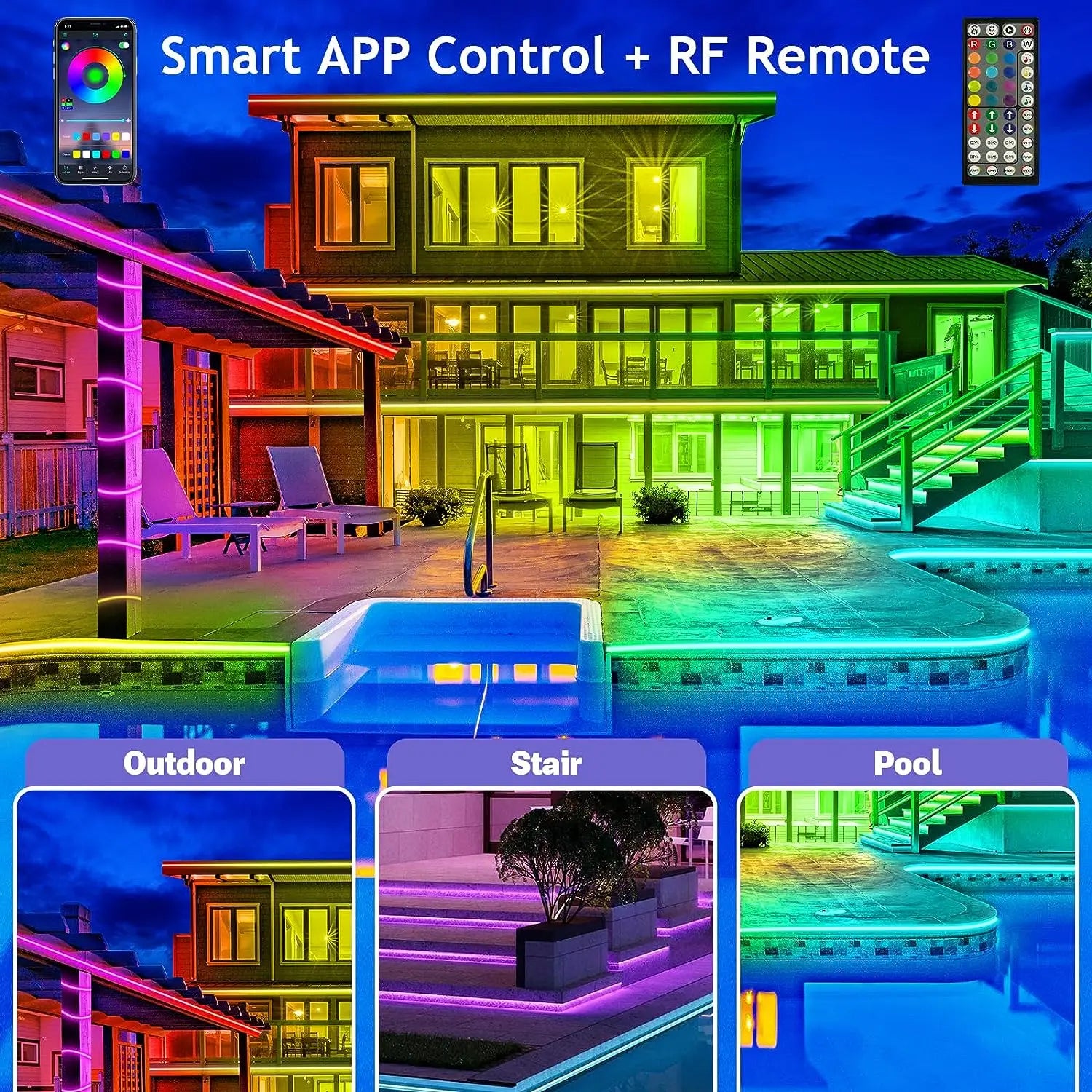 30M/20M RGB 5050 LED Strip IP65 Waterproof Silicone Tape with APP & 44-Key Remote, Music Sync, Color Change for Pool & Balcony