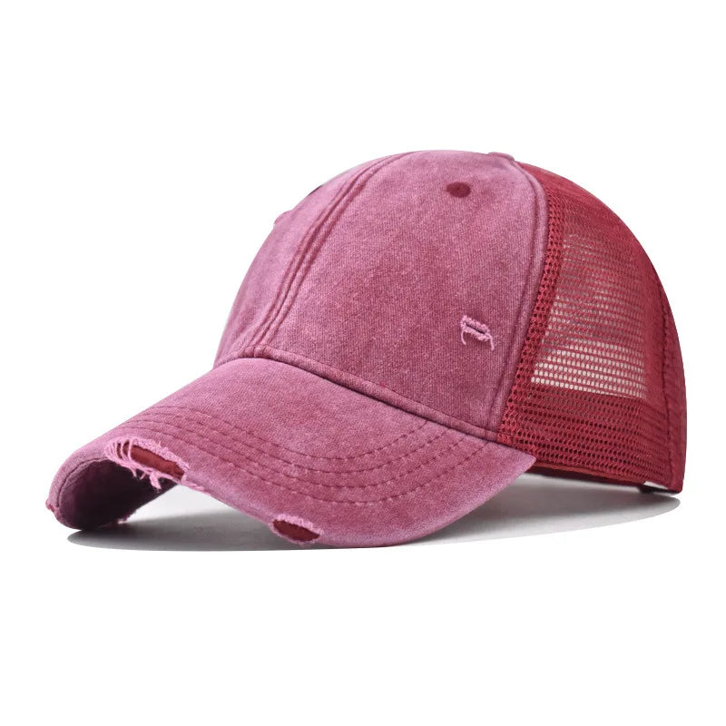 CowLost | washed-cotton-mesh-breathable-baseball-cap-made-old-ripped-light-board-cap |10