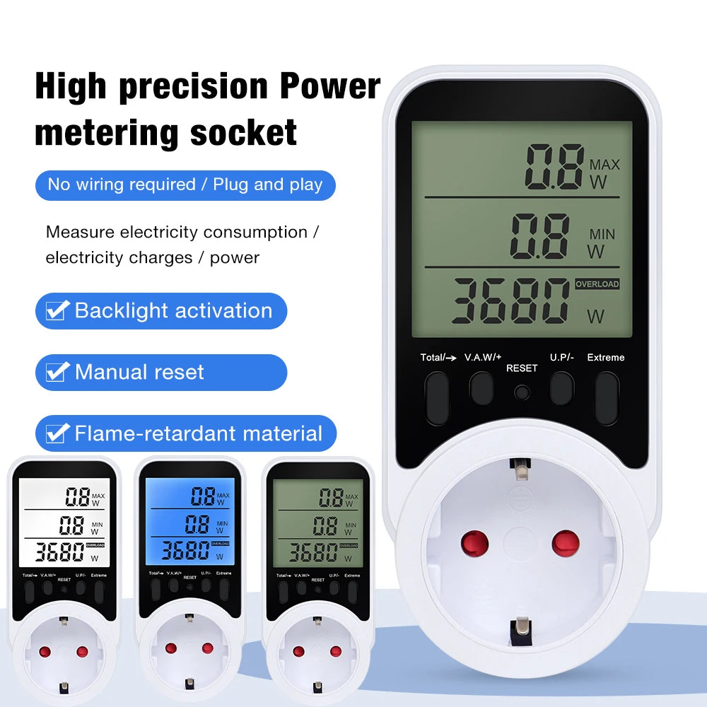 Digital Power Meter Socket 120-240V Wattmeter Energy Consumption Analyzer for Household Appliances