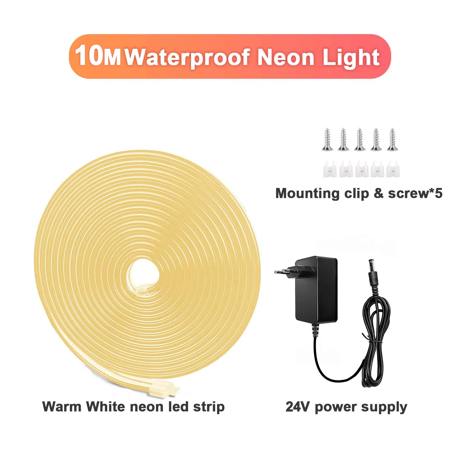 10M Warm White Neon LED Strip 120 LEDs/m IP65 Waterproof Cuttable for Indoor Outdoor Decor