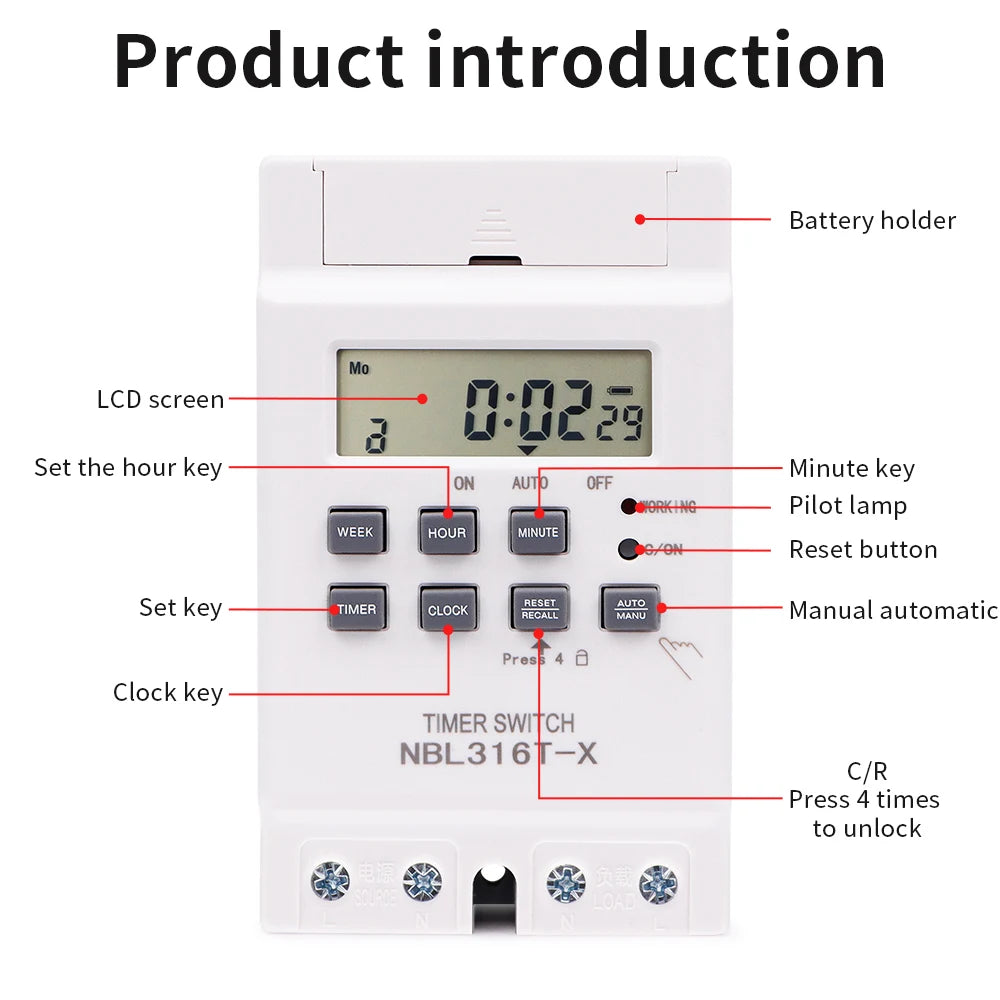 Digital 7-Day Programmable Timer Relay 220V 25/30A with Power Outage Memory