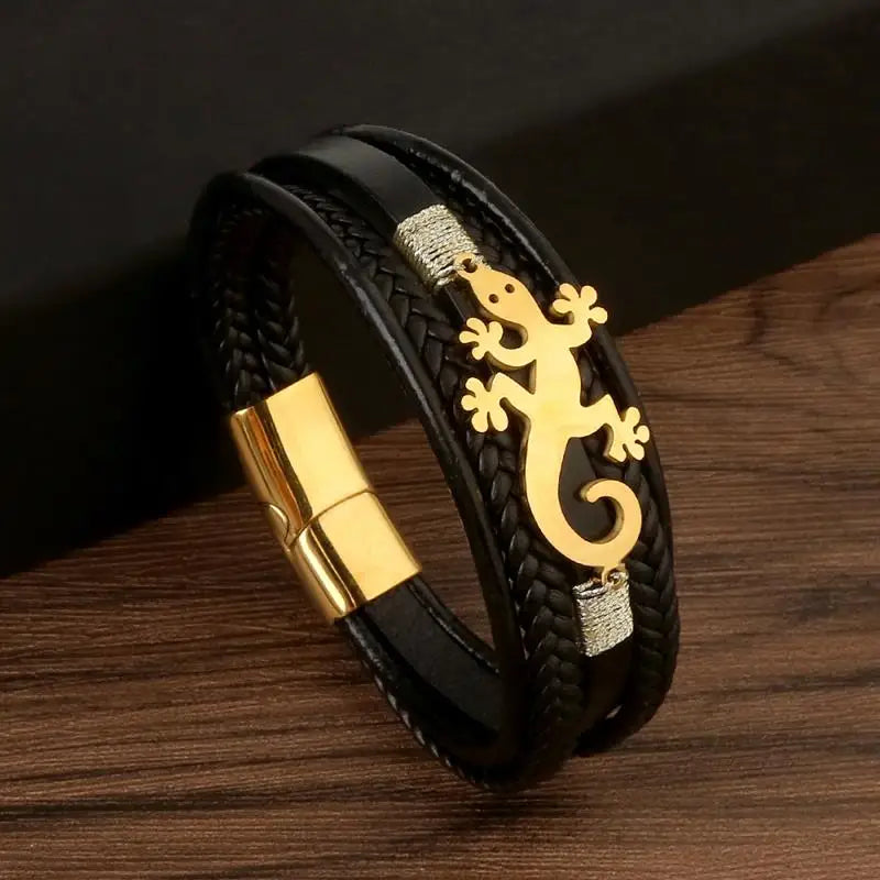 CowLost | jiayiqi-trendy-leather-cord-men-bracelet-metal-animal-gecko-pattern-bracelet |10