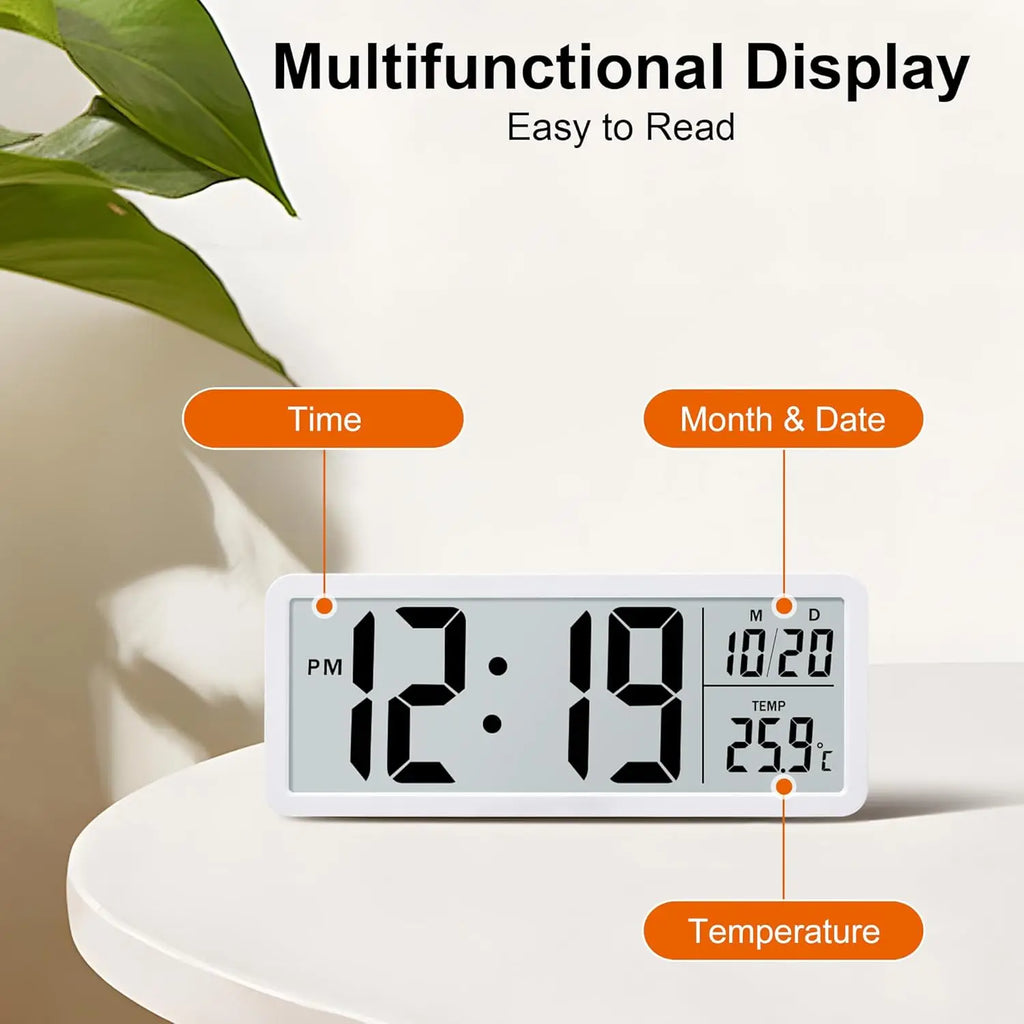 8 Inch LCD Digital Clock with Time, Date & Temperature Display – Dual Power Wall/Desktop Electronic Clock