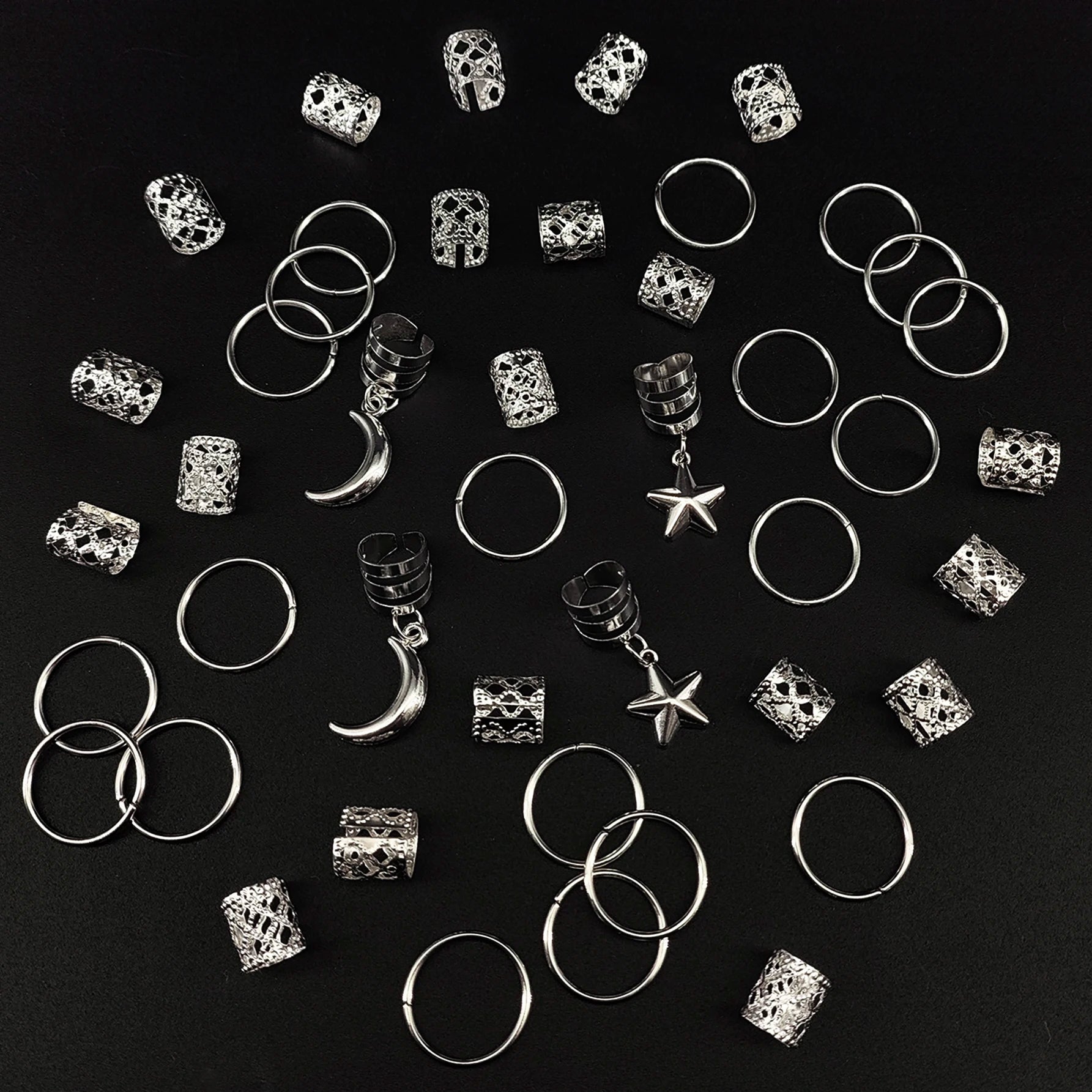 CowLost | 44pcs-stars-moon-combination-fashion-metal-cutout-dreadlock-hair-rings |12