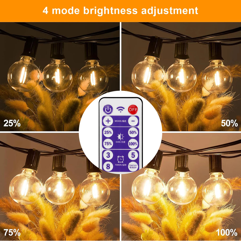 G40 LED Solar String Lights with Remote, 8 Modes, USB Charge, Waterproof for Outdoor Balcony Wedding