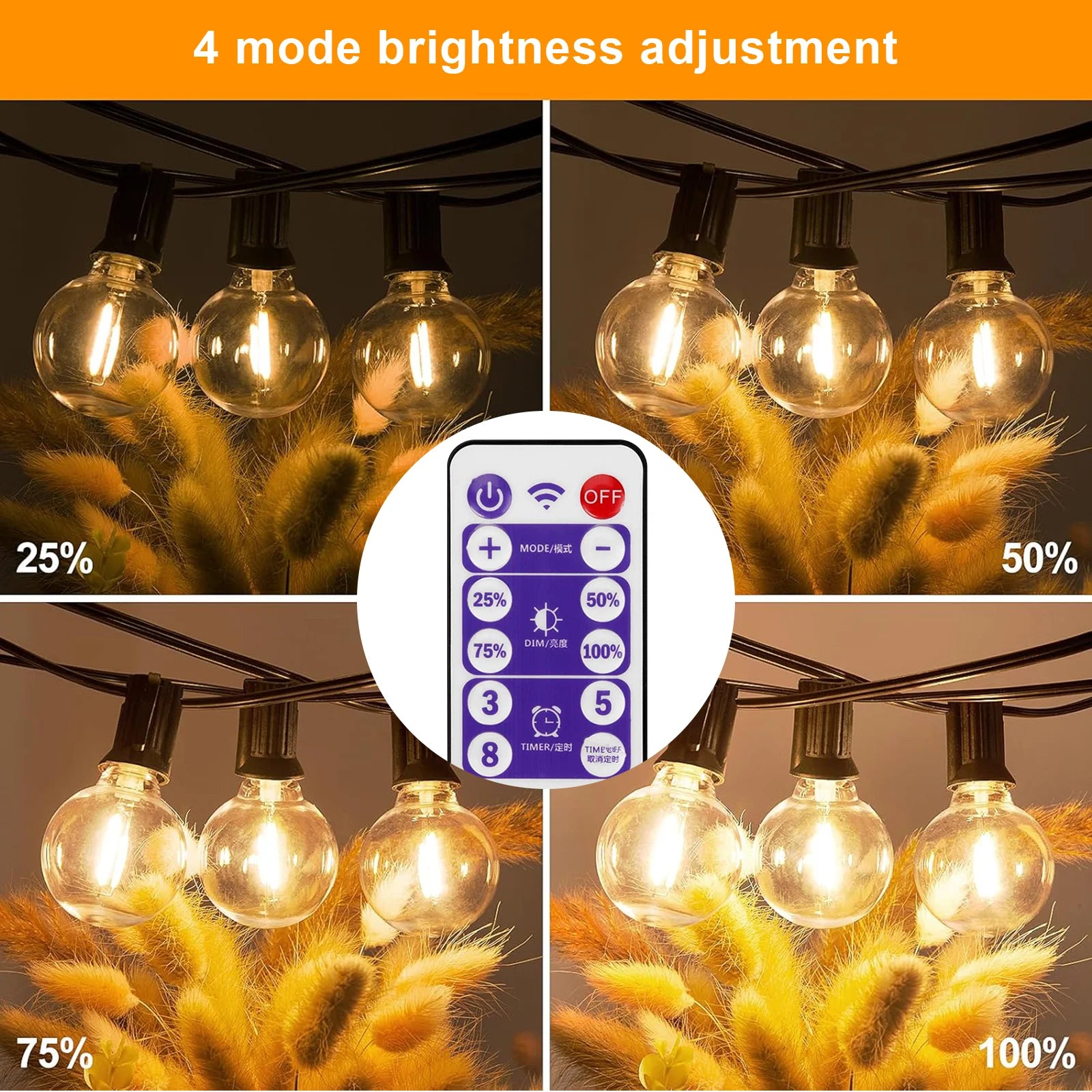 G40 LED Solar String Lights with Remote, 8 Modes, USB Charge, Waterproof for Outdoor Balcony Wedding