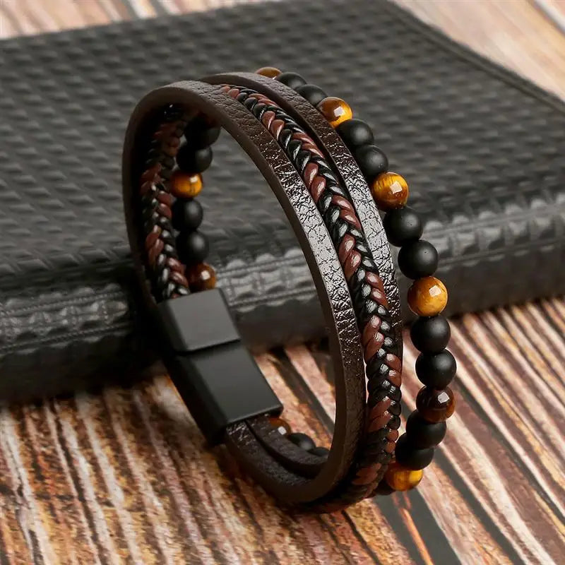CowLost | jiayiqi-leather-bracelet-punk-hip-hop-metal-charm-tiger-eye-stone-beads-multi-layer-bracelet-for-men |2