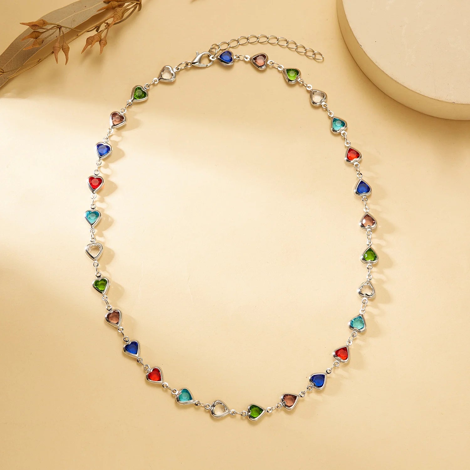 CowLost | exquisite-rainbow-zircon-heart-choker-necklace-for-women-korean-crystal-gold-color-metal-chain-collar-girls-party-beach-jewelry |11
