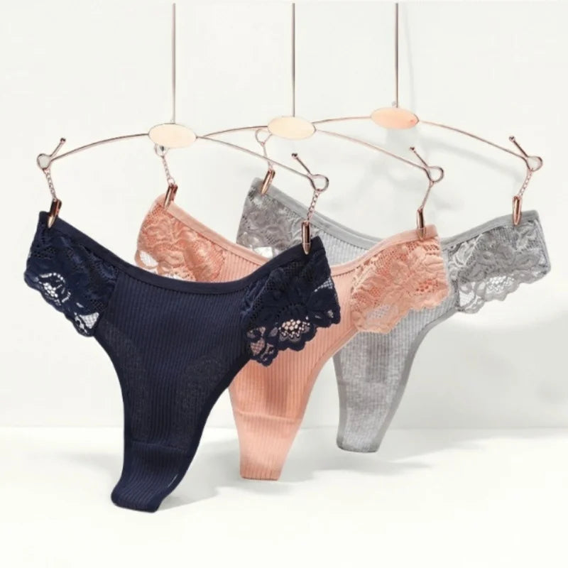 CowLost | product_id-4pcs-women-s-cotton-low-waist-lace-trim-solid-color-g-string-thongs-set |10