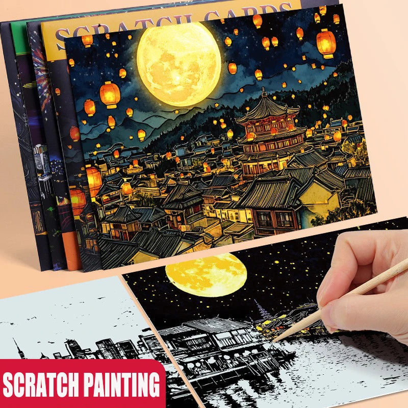 CowLost | product_id-4-pcs-a4-diy-scratch-painting-set-urban-landscapes-character-illustrations |2