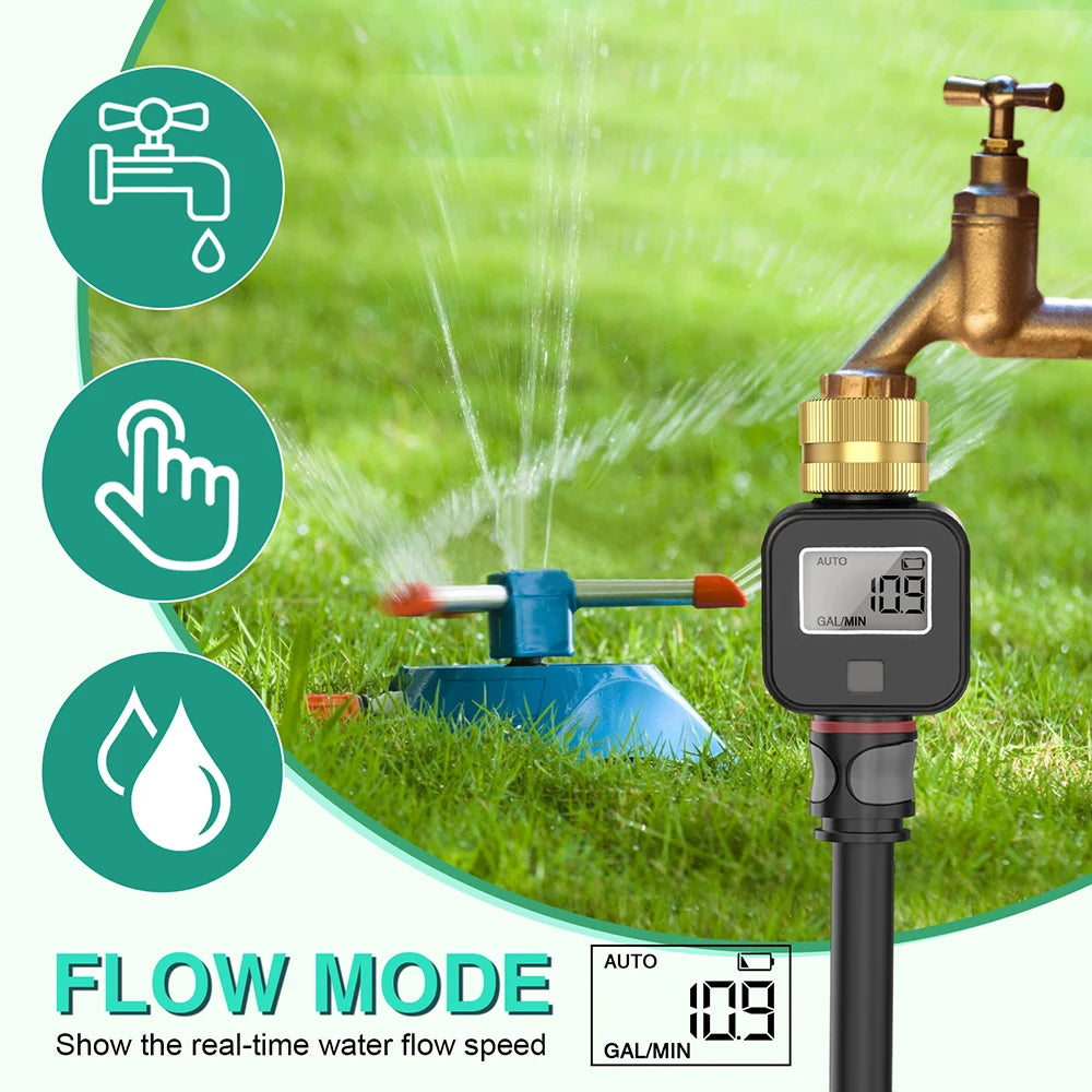 Waterproof 3/4" LCD Water Flow Meter for Irrigation Faucet Hose Sprinkler Outdoor Use