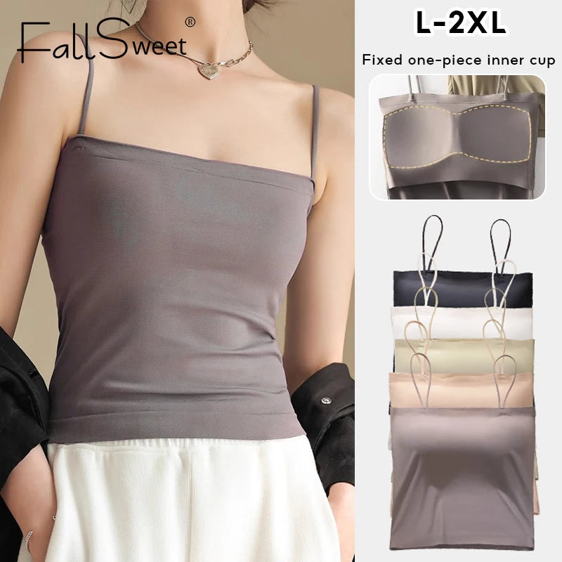 CowLost | fallsweet-womens-spaghetti-straps-sleeveless-camisoles-ice-silk-traceless-vest-integrated-fixed-cup-female-short-tops-vests |1