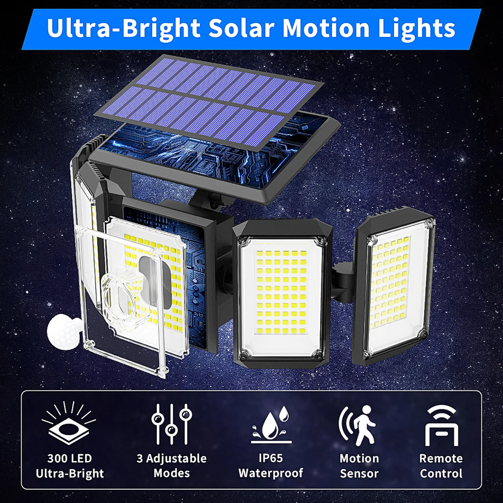 Mexllex 300 LED Solar Outdoor Motion Sensor Light with Remote, 3 Modes, IP65 Waterproof