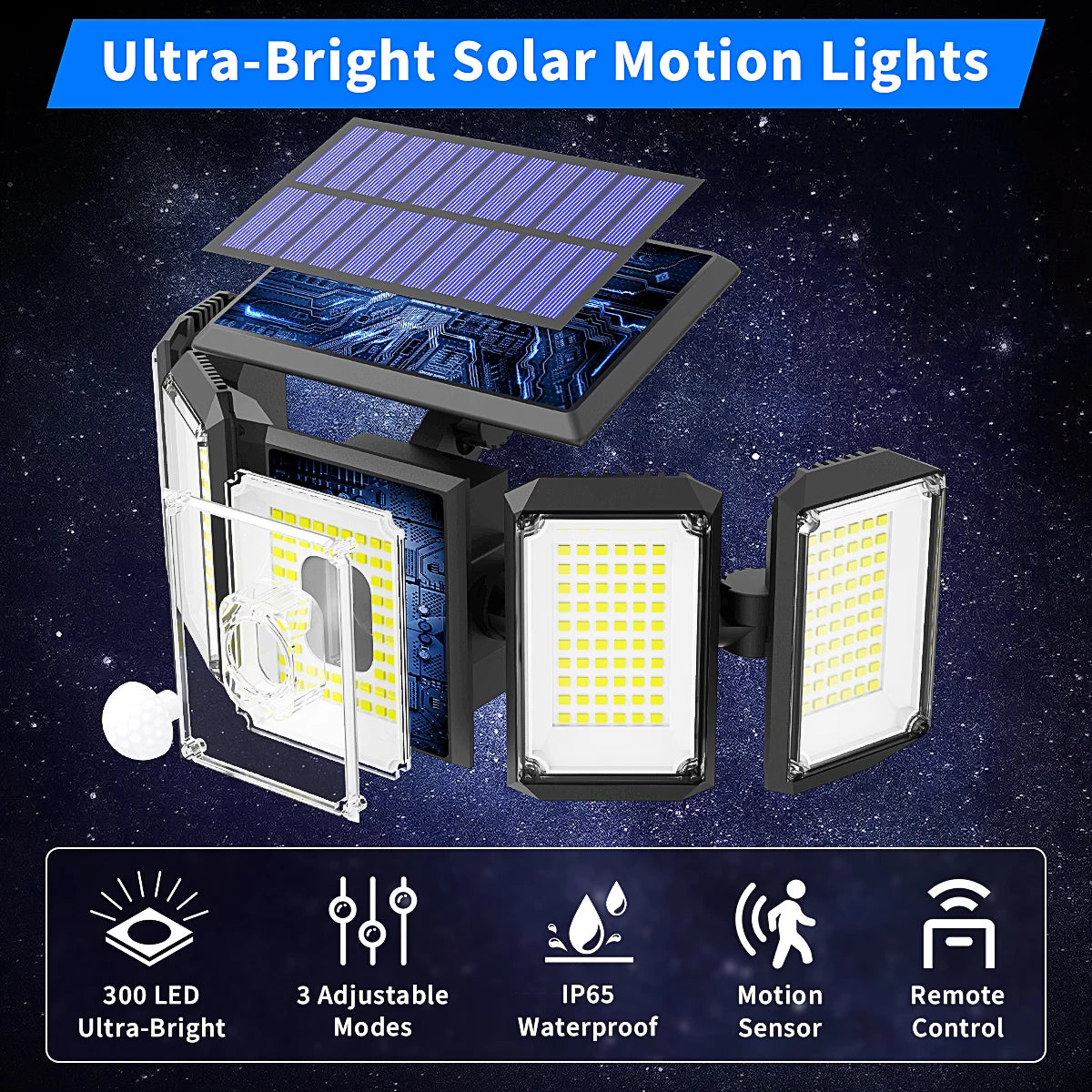 Mexllex 300 LED Solar Outdoor Motion Sensor Light with Remote, 3 Modes, IP65 Waterproof