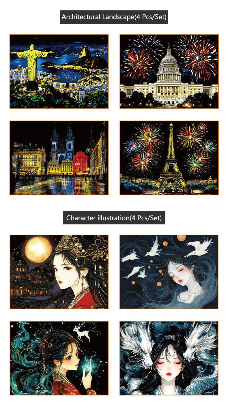 CowLost | product_id-4-pcs-a4-diy-scratch-painting-set-urban-landscapes-character-illustrations |20