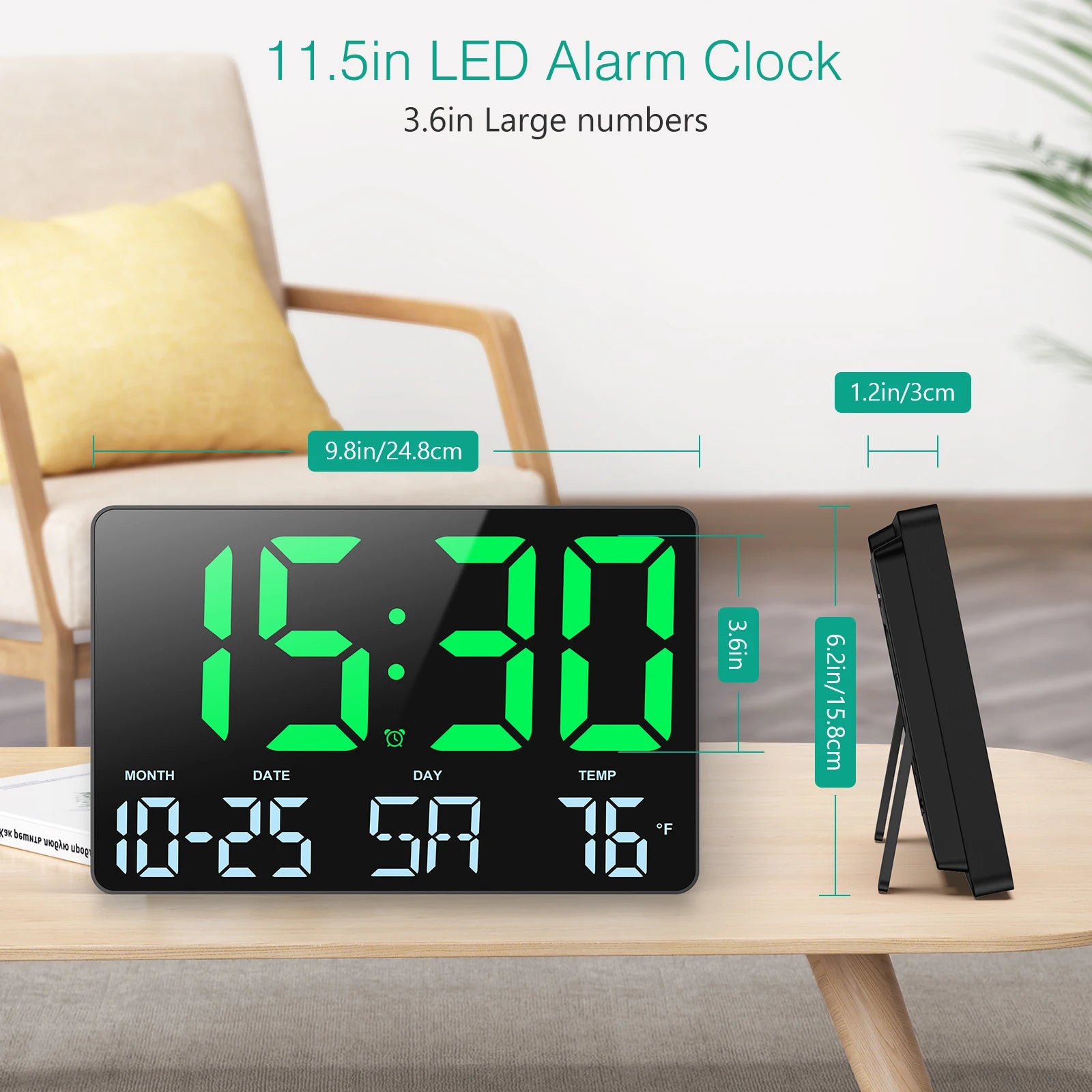 ORIA 11.5" Large USB Powered Digital LED Wall Clock with Calendar, 12/24H Time, Alarm, and Temp Display