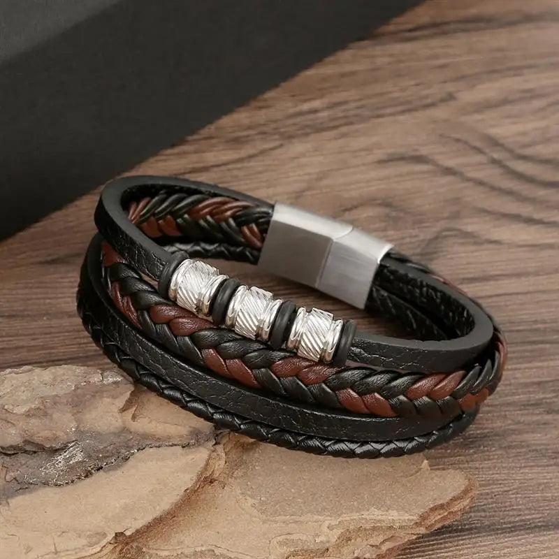 CowLost | punk-men-leather-bracelet-with-stainless-steel-magnetic-clasp-braided-mutilayer |14