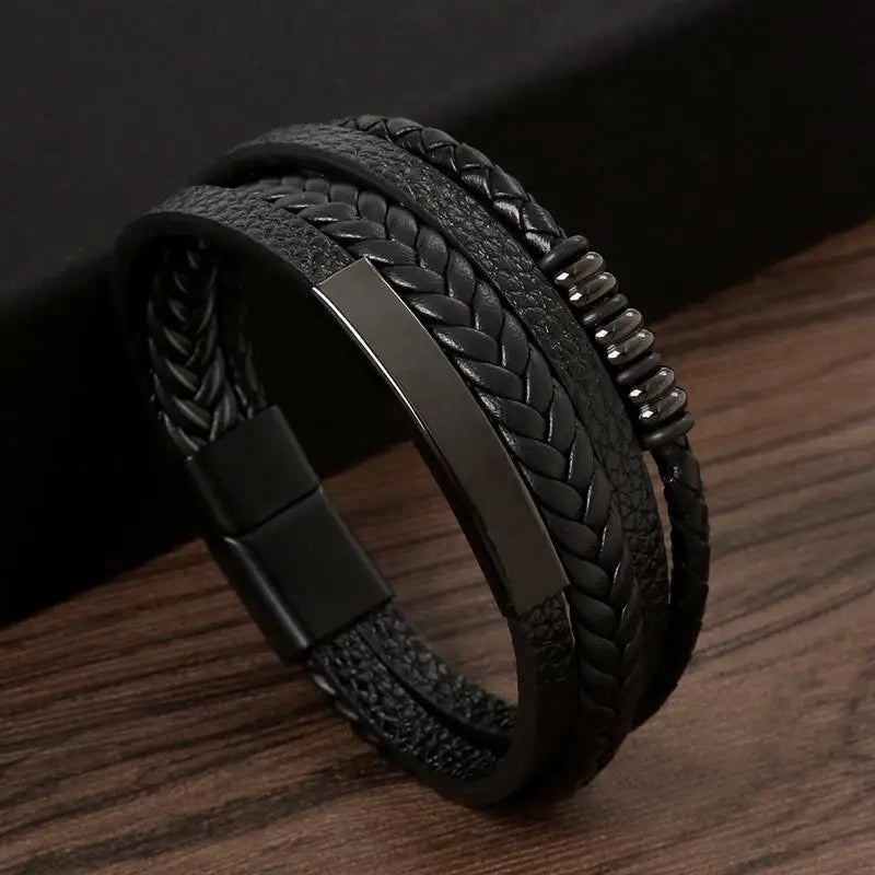CowLost | punk-men-leather-bracelet-with-stainless-steel-magnetic-clasp-braided-mutilayer |43