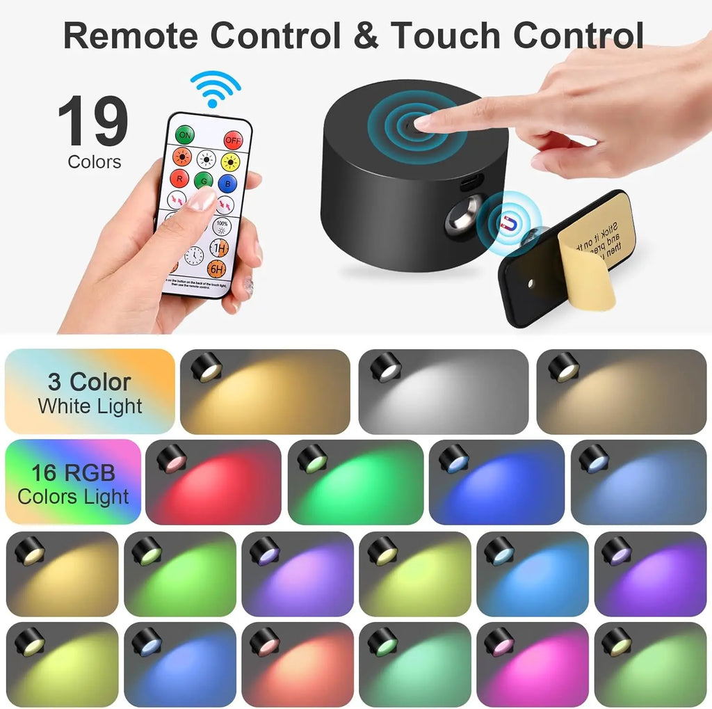 RGB Wall Lights with Remote, 19 Colors, 360° Rotation, 2000mAh Battery, Dimmable Touch Control for Bedroom