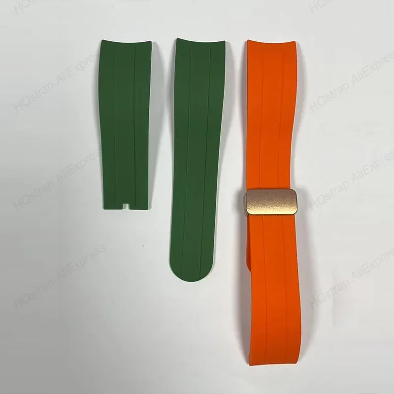 22mm Silicone Rubber Strap for Rolex Watch with Magnetic Folding Buckle Replacement Wristband Curved End