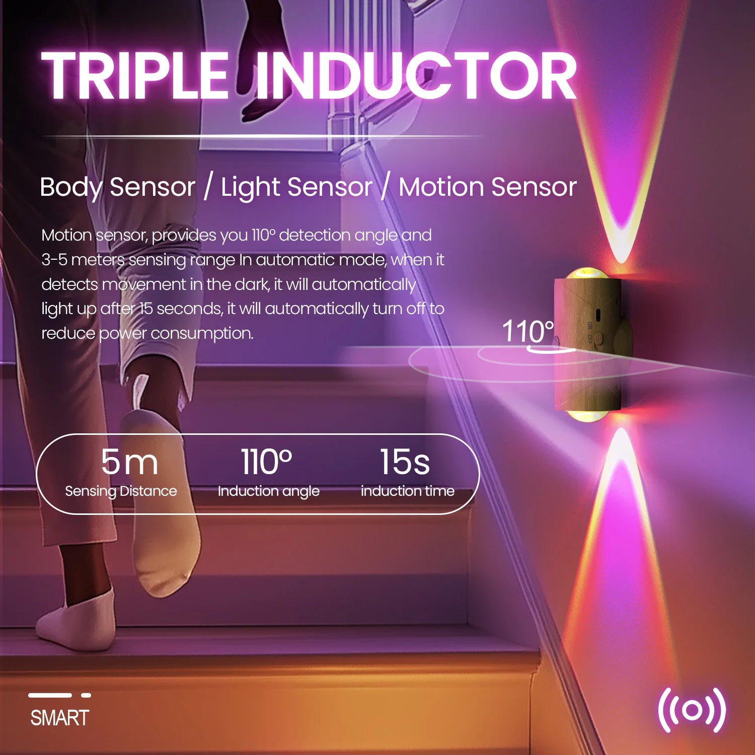 Rechargeable Motion Sensor Night Light with 3 Modes & 8 LED Effects for Indoor Use