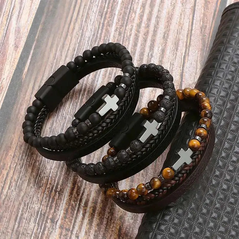 CowLost | high-quality-leather-bracelet-men-classic-fashion-tiger-eye-beaded-multi-layer |17