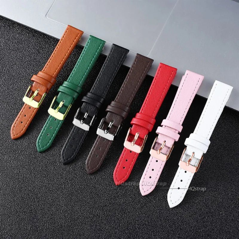 Ultra-Thin Leather Watch Strap for Women 10-22mm Brown White Black