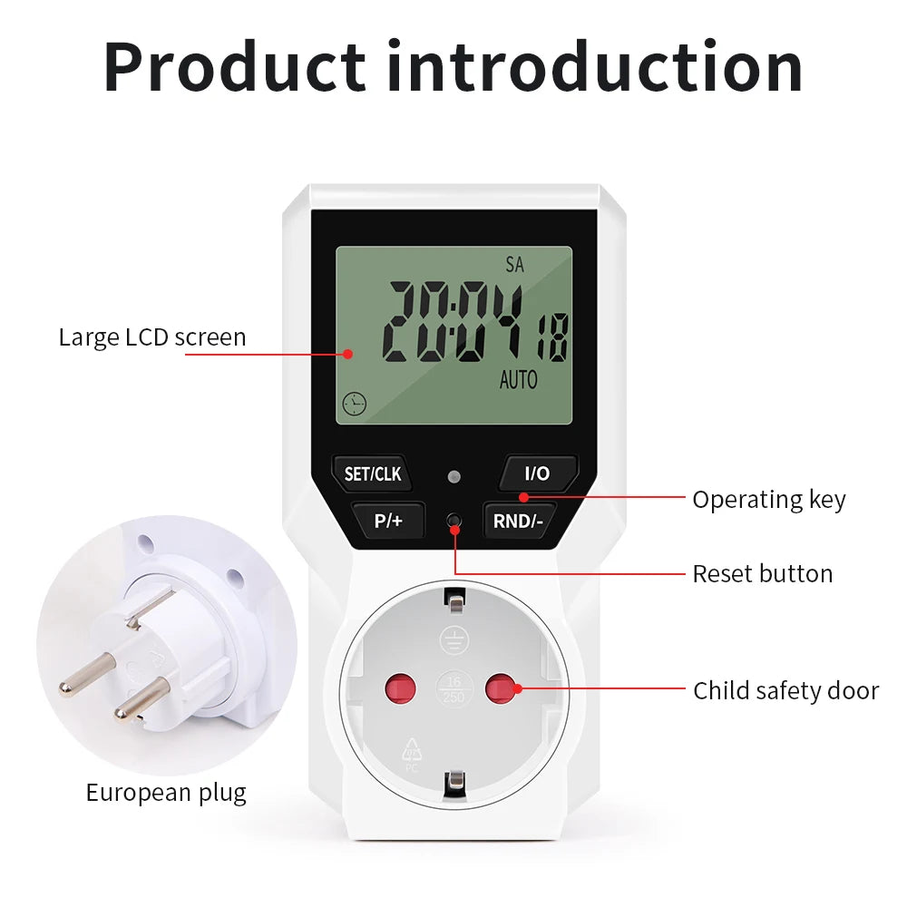 JUANJUAN Digital Programmable Timer Switch EU Plug LCD Display 10-Group Surge Protector 16A 3680W