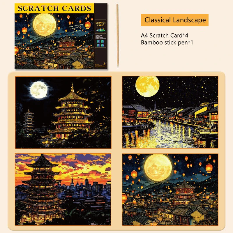 CowLost | product_id-4-pcs-a4-diy-scratch-painting-set-urban-landscapes-character-illustrations |21