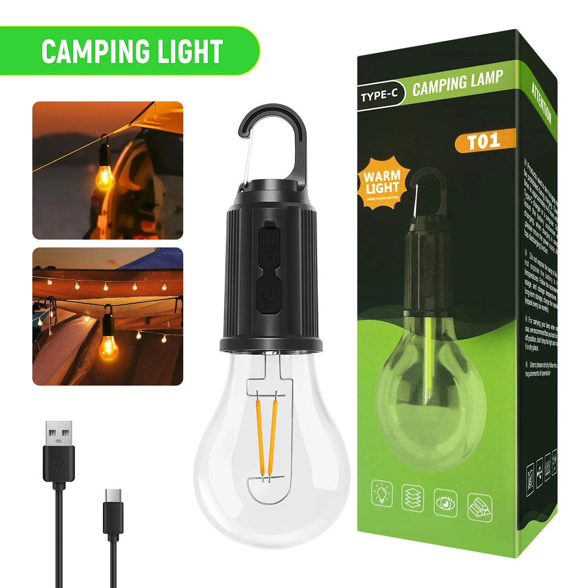 Camping Rechargeable Waterproof LED Tent Lights with Hook, 1/2/4pcs, 3 Modes for Hiking & Backpacking