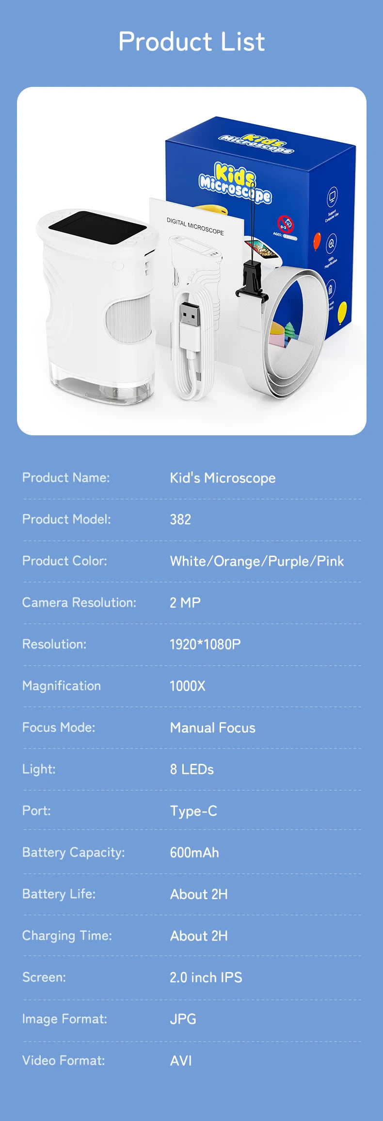 1000X Pocket Microscope for Kids with 4K 2.0" Screen