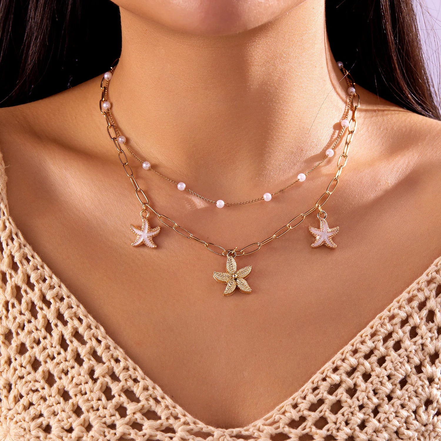 CowLost | bohemia-mulitlayer-ocean-series-necklace-for-women-starfish-shell-pearl-conch-flower-fish-tail-metal-choker-beach-party-jewelry |6