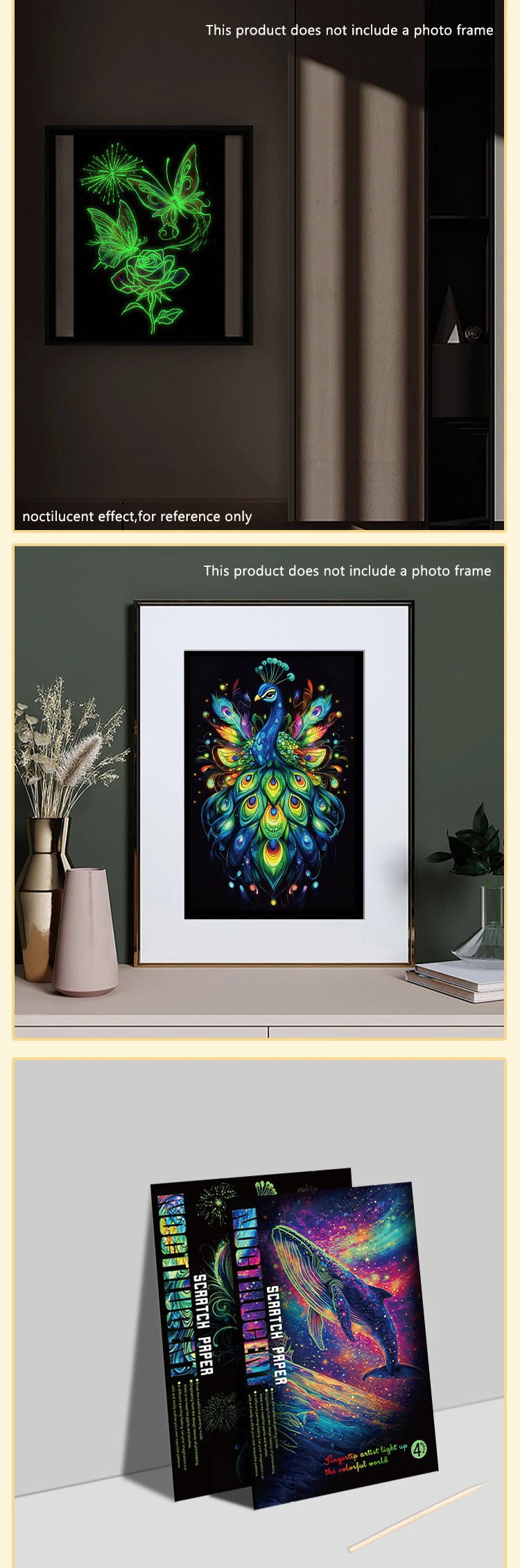 CowLost | product_id-4-piece-a4-diy-noctilucent-scratch-painting-set-sea-world-butterfly-peacock-whale-designs |8