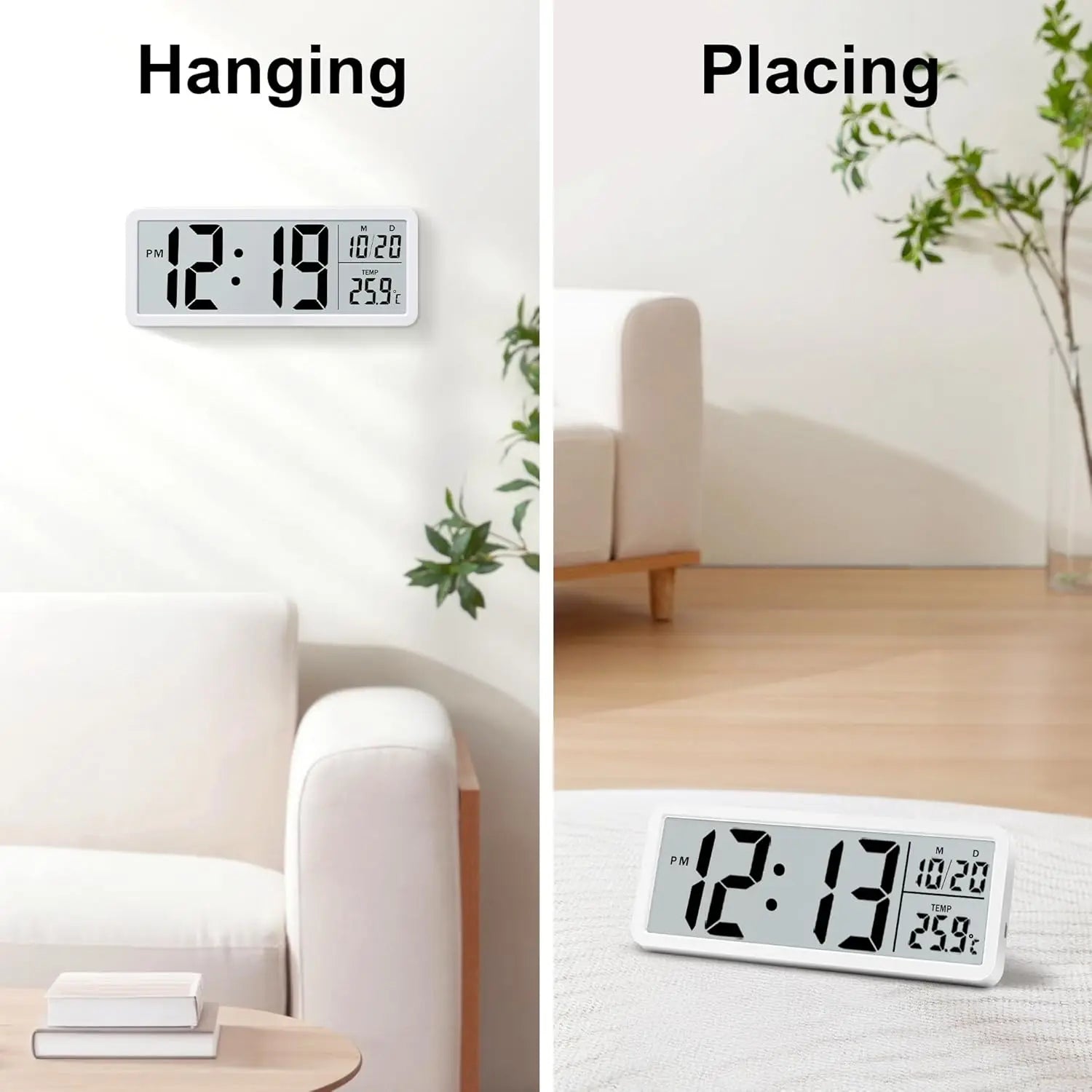 8 Inch LCD Digital Clock with Time, Date & Temperature Display – Dual Power Wall/Desktop Electronic Clock