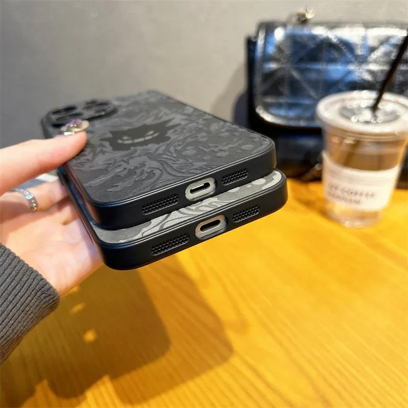 CowLost | cute-cartoon-gengar-laser-embossed-leather-texture-shockproof-phone-case-for-iphone-11-to-17-pro-max |10