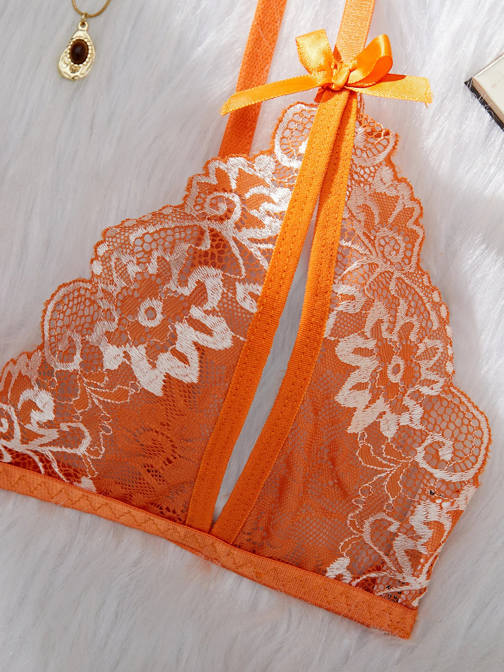 CowLost | orange-lace-contrast-sexy-lingerie-for-women-open-chest-bra-thongs-sets |9