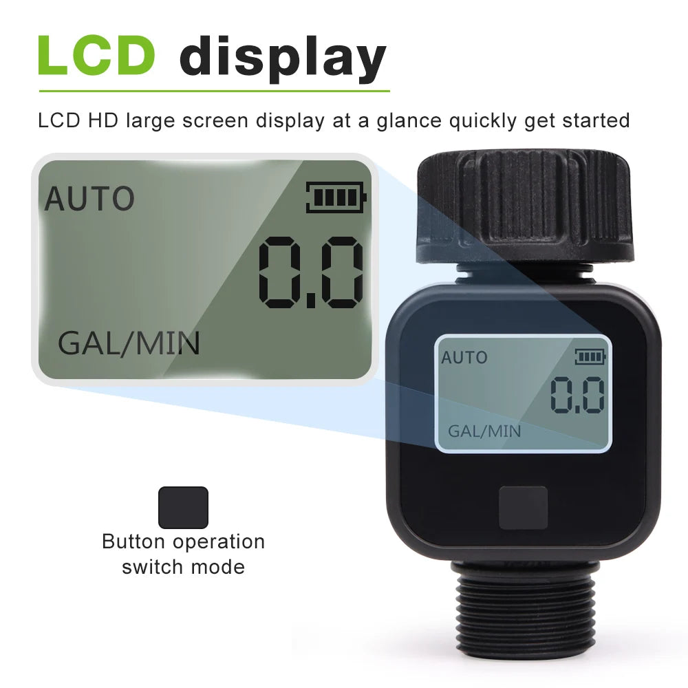Waterproof 3/4" LCD Water Flow Meter for Irrigation Faucet Hose Sprinkler Outdoor Use