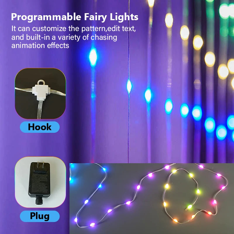 Programmable RGB Smart LED Window Curtain Lights with APP Remote and DIY Text Patterns