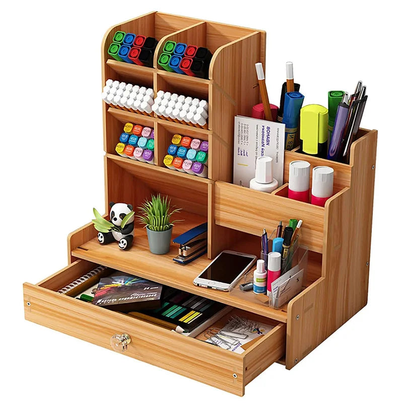 CowLost | wooden-desk-organiser-diy-desktop-tidy-pen-holder-large-capacity-stationery-storage-box-with-drawer-for-home-office-and-school |8