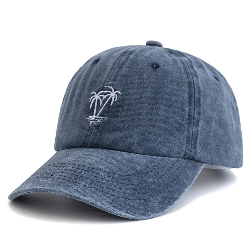 CowLost | unisex-washed-cotton-cap-coconut-tree-embroidery-vintage-baseball-cap |12
