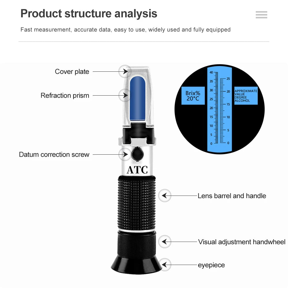 Handheld Alcohol & Sugar Refractometer Tester 0-25% Alcohol 0-40% Brix Wine Beer Meter