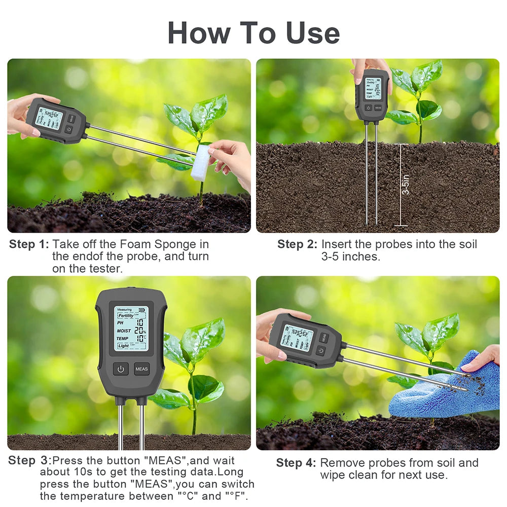 5-in-1 Digital Soil Meter PH Moisture Fertility Temp Sunlight Tester for Garden Greenhouse