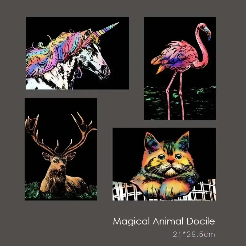 CowLost | product_id-4-pcs-a4-diy-scratch-painting-set-with-cartoon-animals-night-view-designs |3